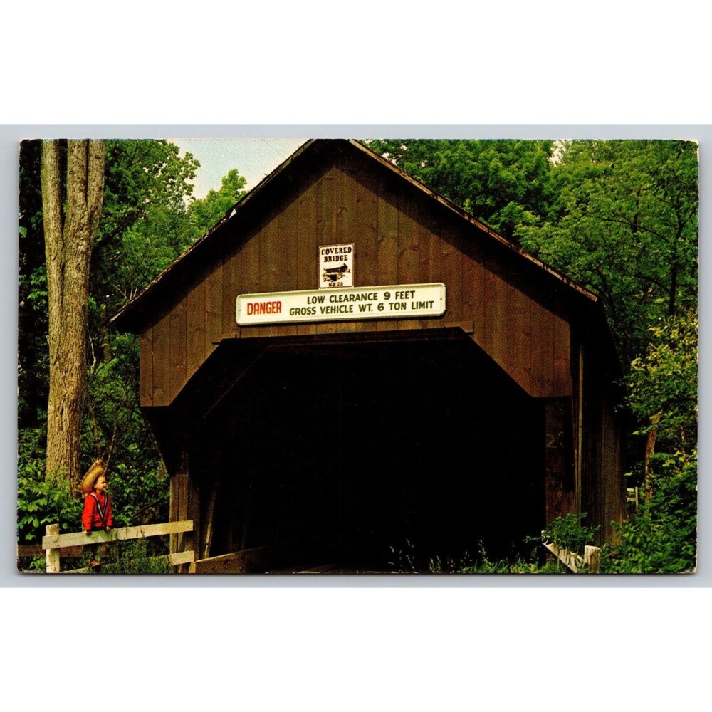 Postcard New Hampshire Cornish Covered Bridge Blow-Me-Down Brook VTG c1960s Boy